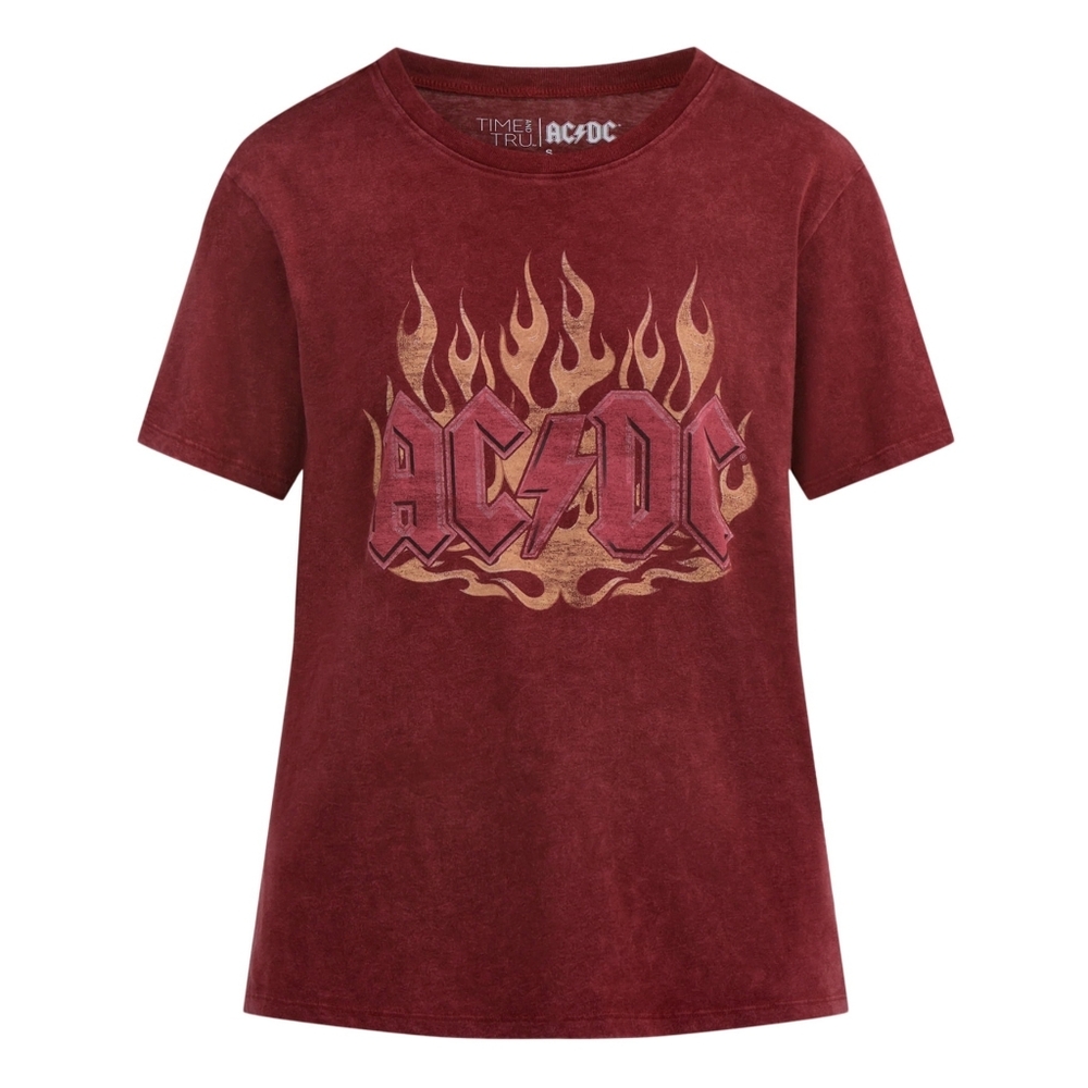 NEW Time & Tru Women's AC/DC Flames Rock Band Tee Graphic Short Sleeve Tshirt